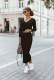 Poshoot Autumn Winter Women Long Sleeve Office Knitted Maxi Bodycon Dress Female Solid Color Long Sheath Dress