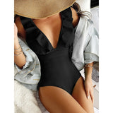 POSHOOT Sexy Ribbed One Piece Swimsuit Women Ruffle Swimwear Female Lace Up Bodysuit V-Neck Bathing Suit Swimming Suit Beach Wear