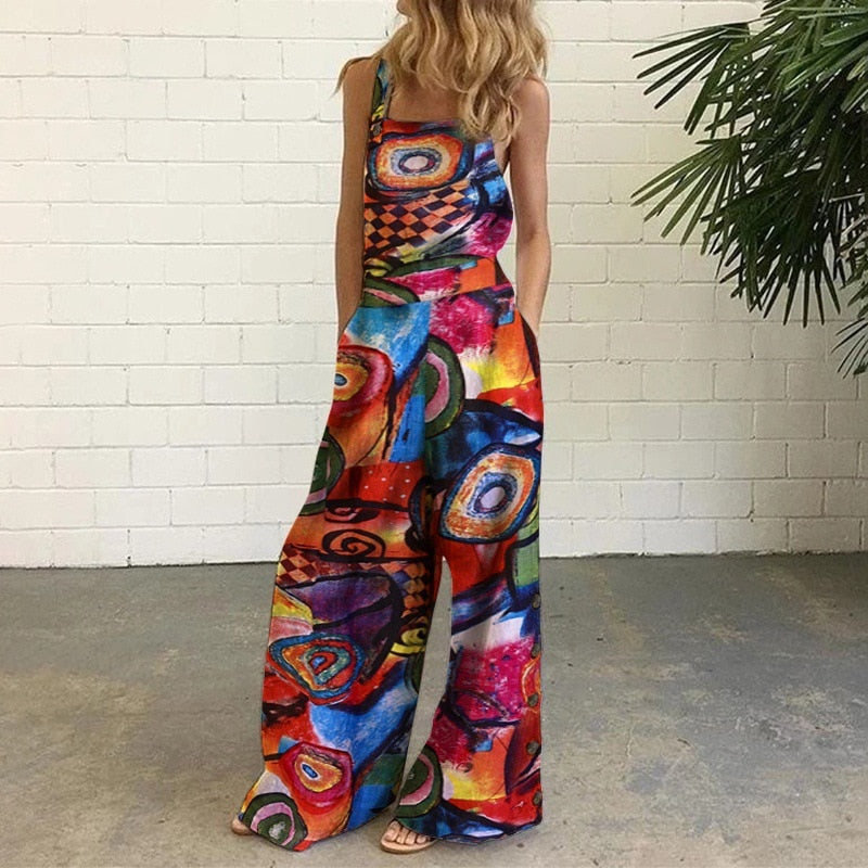 POSHOOT Sexy Jumpsuit Open Back Contrast Color Printing Suspenders Straight Leg Pants Women's Fashion Casual Loose Elegant Trousers Suit