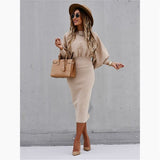 Poshoot Women Autumn Winter Long Sleeve Elegant Office Midi Tight Dresses Solid Color Female Long Sheath Dress