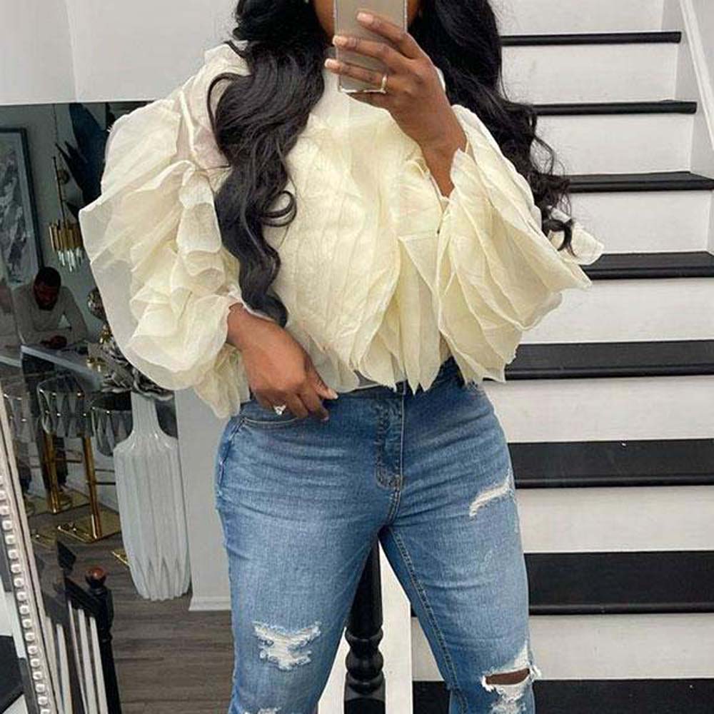 POSHOOT Fashion African Blouse Ruffle Plain Shirt For Women 2022 Spring Summer Long Sleeve Tops Female Office Lady Casual Streetwear