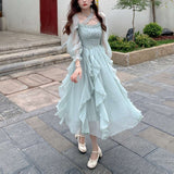 Poshoot  fashion inspo  Long Sleeve French Fairy Dress Square Collar Long Dresses for Women Ruffle Elegant Vestidos De Mujer Midi Dress Holiday Clothing
