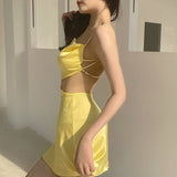 Poshoot Sexy Cut Out Elegant Backless Mini Dress For Women 2022 Fashion Yellow Club Party Dress Straps Slim Summer Beach Dress Clothing