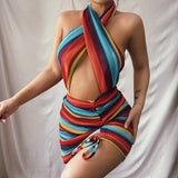 Poshoot 2022 Summer Sexy Women Halter Neck Backless Striped Patchwork Shirring Beach Dress Girls Off Shoulder Bodycon Bandage Wrap Robe