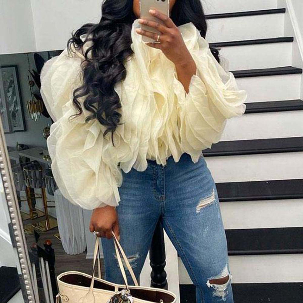POSHOOT Fashion African Blouse Ruffle Plain Shirt For Women 2022 Spring Summer Long Sleeve Tops Female Office Lady Casual Streetwear