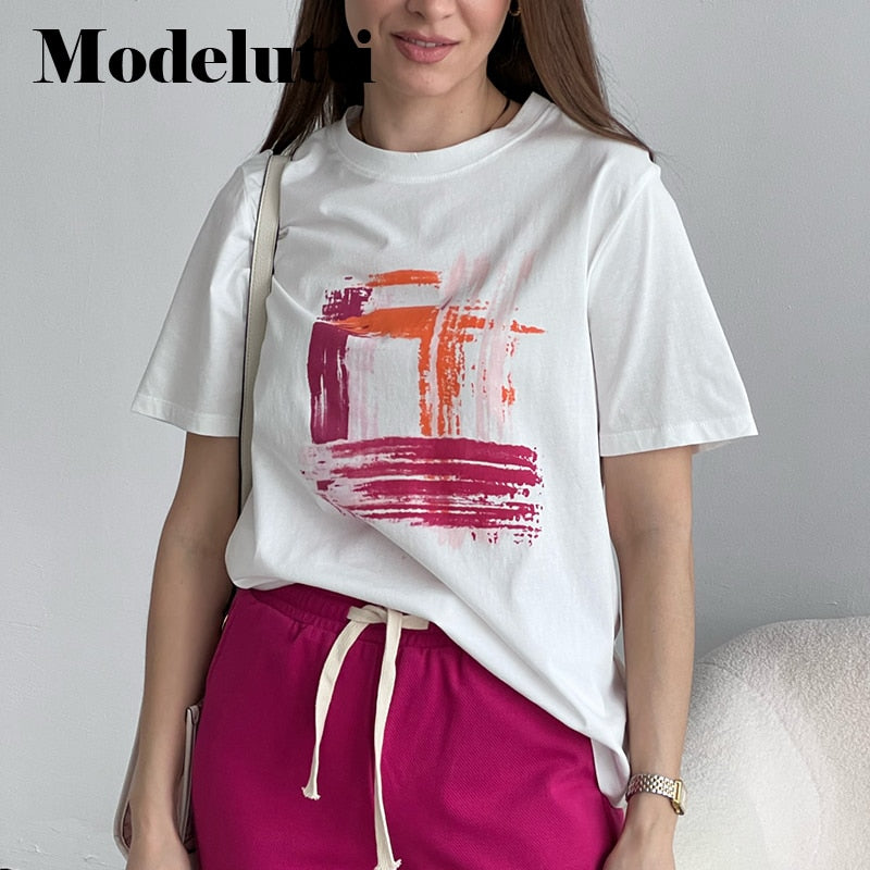 Back To School Poshoot 2022 New Spring Summer Fashion Round Neck Short Sleeve Printed T-Shirt All-Match Simple Loose Casual Tops Women