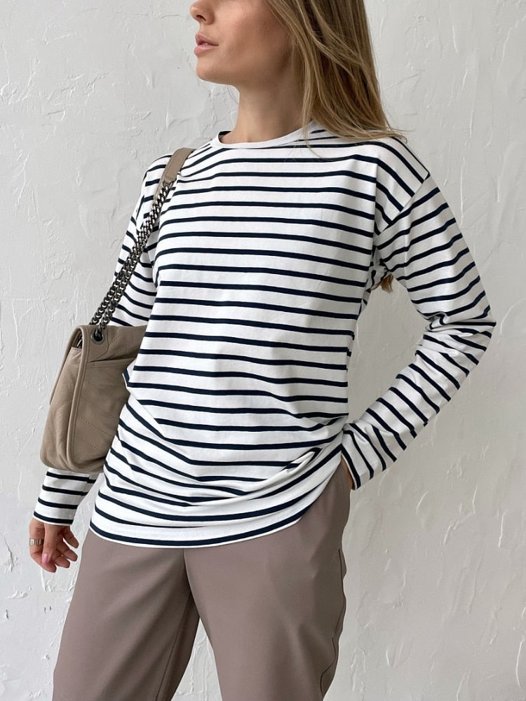 Poshoot Summer Short Sleeve Striped T-Shirts Women Knitted Basic Casual Tops Female Cozy Loose Cotton Tee 2023 Harajuku Shirt