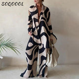 Poshoot Striped Print 2 Piece Set Women Loose Long Sleeve Blosue Wide Leg Pants Suit 2022 Elegant Office Ladies Outfits Summer Tracksuit