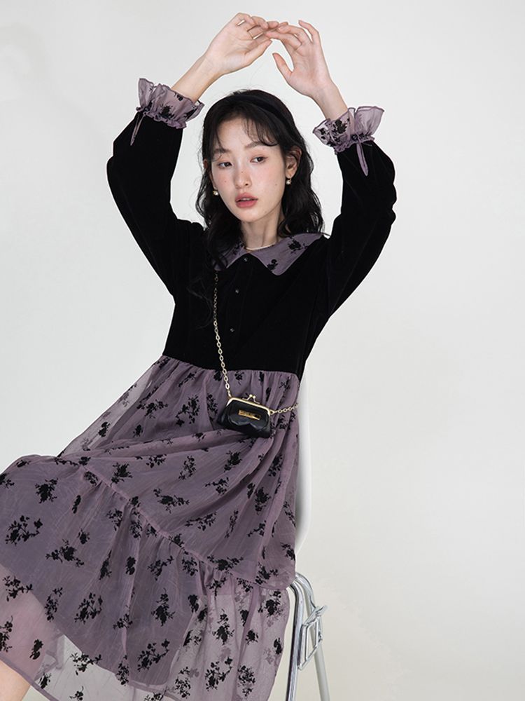 Poshoot Autumn Outfits      Korean Style Chic Midi Folral Dress Women Vintage Preppy Patchwork Long Sleeve Two Layer Tunic Dresses Elegant Vestidos
