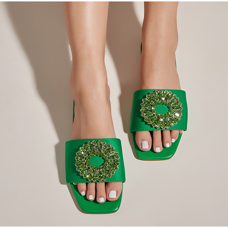 POSHOOT Women Flat Slippers Rhinestone Square Toe Female Slides Elegant Ladies Summer Shoes Solid Woman's Beach Sandals Fashion 2022 New
