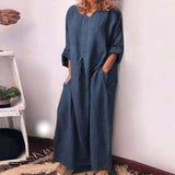 Vintage Casual Crew Neck Long Maxi Dress Women 2023 Spring Solid Pocket Simple Cotton Dress Autumn Long Sleeve Loose Boho Dress