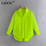 POSHOOT Solid Young Style Simplicity Button Up Asymmetrical Big Size Loose Leisure Shirt Female Bright Color Blouse Fashion Tops Women