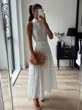 Poshoot Casual Embroidery Lace White Dress Fashion High Neck Sleeveless Pullover A-line Skirt Chic Waistband Beach Party Slim Vestido