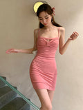 Poshoot  Slash Neck Pink Tank Mini Dress Women's Dresses Summer Spice Girl Bow Slim Hip Wrap Short Hot  Korean Tops MZR2