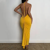 POSHOOT Backless Halter Back Ruched Sexy Midi Dress 2022 Green Club Party Beach Holiday Summer Dress Yellow Women Outfits