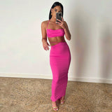 POSHOOT Women Dress Set Halter Crop Top And Split Midi Skirt Tie Up Summer Dress 2 Pieces One Suit Club Party Backless Outfit