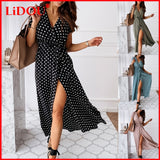 POSHOOT Summer Fashion Sexy Casual Short Sleeve Dresses For Women Polka Dot Split Dress Bandage Skirt Femme Bohemian Vestidos De Fiesta