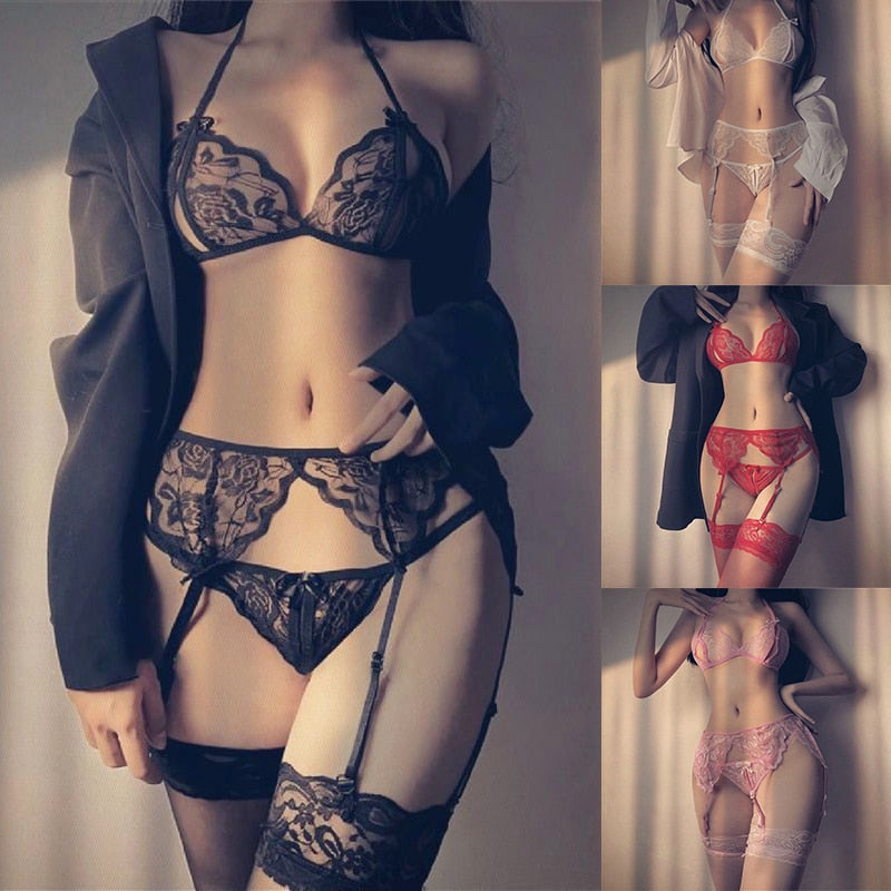 Poshoot 4 Piece Set Open Bra Thong Garter Stockings Suit Sexy Lingerie For Women Whore Costume Lace Lingerie Set Hot Porn Sleepwear New
