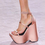 POSHOOT  Wedges Sandals Silk 13CM High Heels Fashion New Buckle Dress Shoes Square Toe Platform Heeled Big Size 42