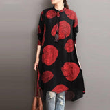 POSHOOT Literary National Style Dress Retro Printing Women's Cotton Pullover Round Neck Over The Knee A-Line Skirt Long Pullover