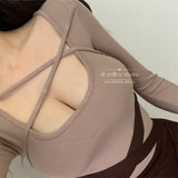 Poshoot  Spring Elegant Busty  Cross Strap Bandage Casual Solid Color T-Shirt Tees Korean Hot Tops Cute Women Tshirt J8A6