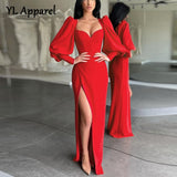 Poshoot Women's Dress Elegant Tunics Pull Sleeve High Split Evening Party Dresses Y2K Tight Long Maxi Formal Vestidos Red Black 2022