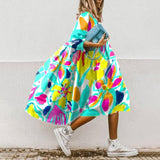 Poshoot Summer Women Dress Floral Print A Line 3/4 Sleeve Casual Loose O Neck Party Boho Dresses Elegant Long Dress