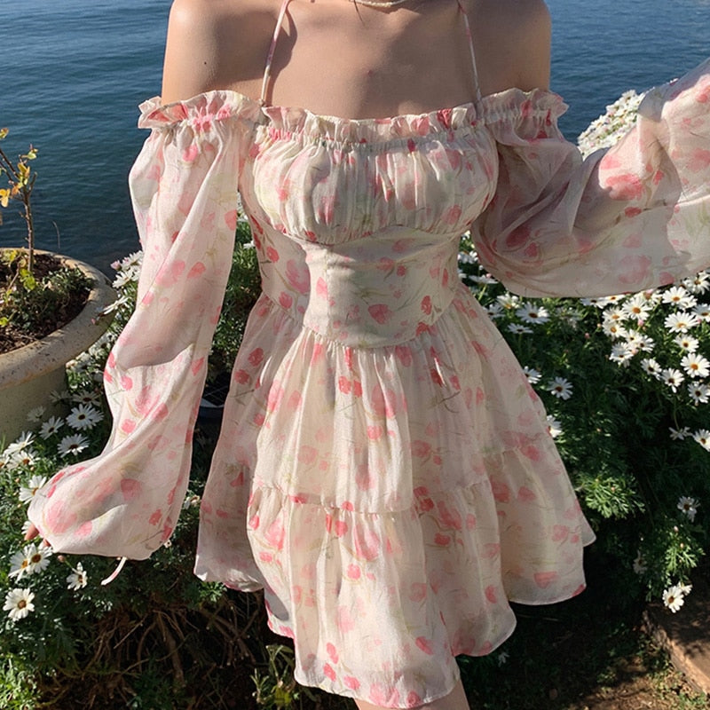 Poshoot  fashion inspo  Summer Floral Dress Women Slash Neck Female Long Sleeve Fairy Dress Off Shoulder Pink A-line Elegant  Beach Short Dresses