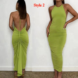 Poshoot Green Backless Maxi Dress Elegant Halter Ruched Evening Party Dresses For Women 2022 Summer Sleeveless Slim Long Club Outfits