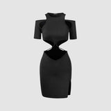 Poshoot  Cut Out Slit Mini Short Sleeve Dress Women 2023 Summer Dress  Hollow Out Club Party Bodycon Dresses Skinny Vestidos