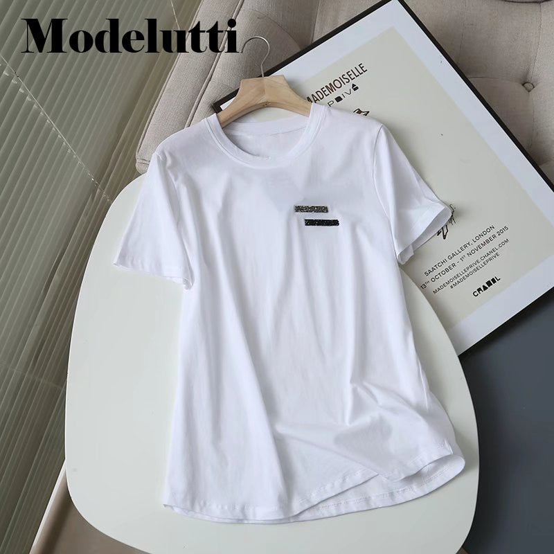 Back To School Poshoot 2022 New Summer Fashion Slim Round Neck With Inlaid Short Sleeve T-Shirt Women's  Solid Simple Casual Tops Female