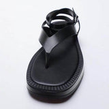 POSHOOT Summer Women Shoes Black Flat Leather Fashion Sandals Flip-Flop ZA Lace-Up Thick-Soled Ankle Strap Sandals For Women