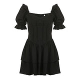 POSHOOT Fashion Elegant Black Puff Sleeve Corset Party Dress Female Mini Chic Solid Ruffles Summer Pleated Dress Double Layer