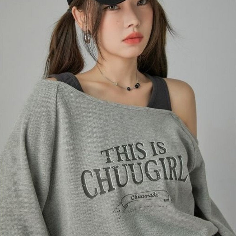 Poshoot Autumn Outfits    Korean Style Letter Grey Sweatshirts Women Y2k Aesthetic Off Shoulder Long Sleeve Pullover Kpop Patchwork Oversize Tops
