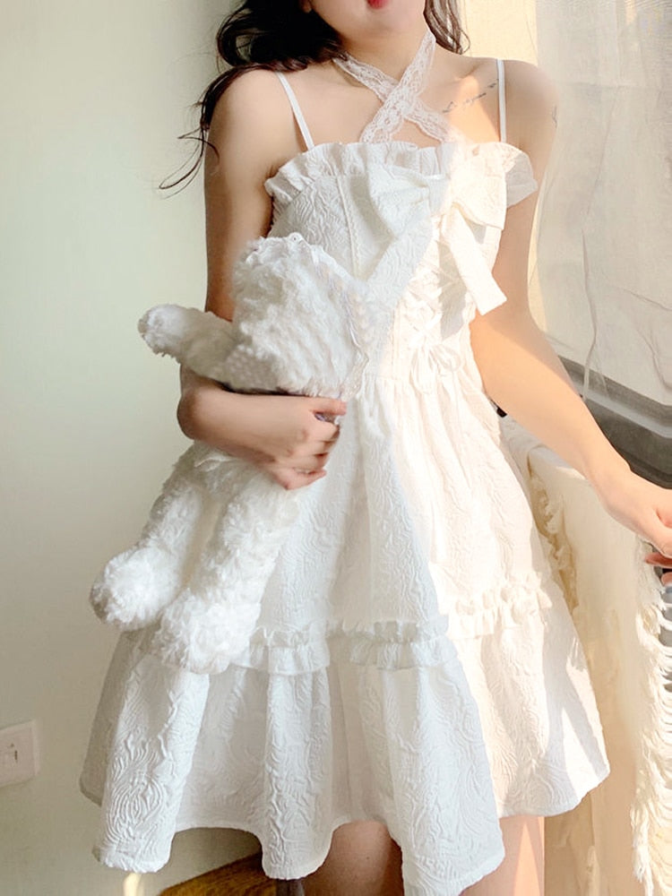 POSHOOT 2022 Summer White Lolita Mini Dress Women Kawaii Clothing Vintage Fairy Strap Dress Female Casual Elegant One Piece Dress Korean