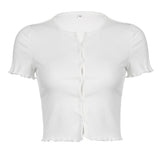 POSHOOT  Frill Cute Knit Skinny Summer T-Shirts For Women Short Sleeve White Copped Cardigan Tops Basic Korean Tee Shirt Chic