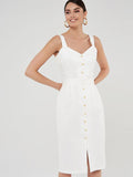 Poshoot Casual V Neck Backless White Dress Solid Color High Waist Single-Breasted Straight Summer Dresses For Women 2022