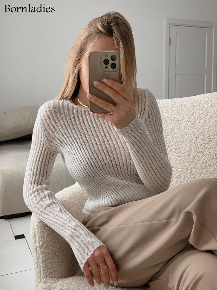 Poshoot  Fashion White Elegant Striped See Through Women Tops Outfits Long Sleeve T-Shirts Tees Skinny Club Party Clothes 2023