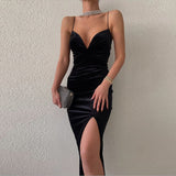 Poshoot Sexy Women 2023 Spaghetti Strap Velvet Party Dresses High Waist Backless V-Neck Bodycon Package Hip Evening Prom Dress Red Black