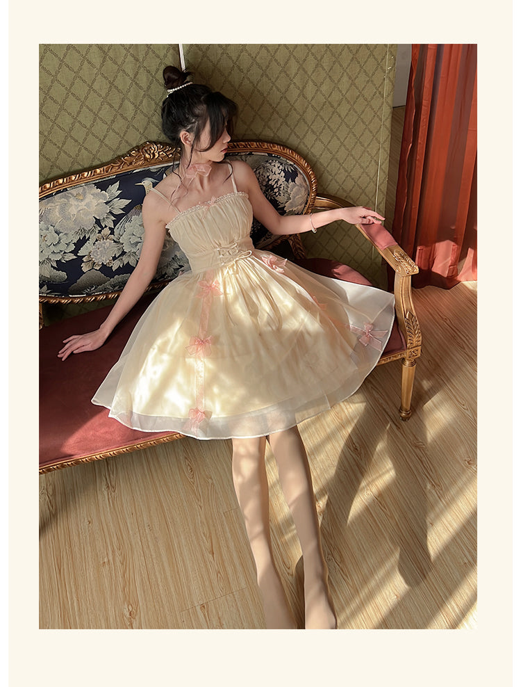 POSHOOT Vintage Elegant Evening Party Midi Dress Women Bow France Kawaii Princess Strap Dress Female Retro Sweet Fairy Dress Summer 2022