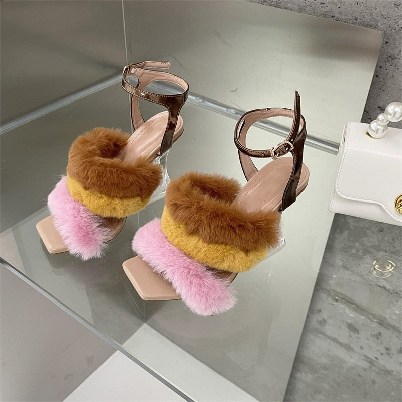 POSHOOT 2022 New Women Sandals Female Pu Square Toe Thin High Heels Shoes Ladies Mixed Colors Feather Buckle Straps Fashion Pumps Summer