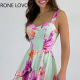 Women Chic Cami Sleeveless Floral Print Ruffle Hem Midi A Line Sexy Dresses