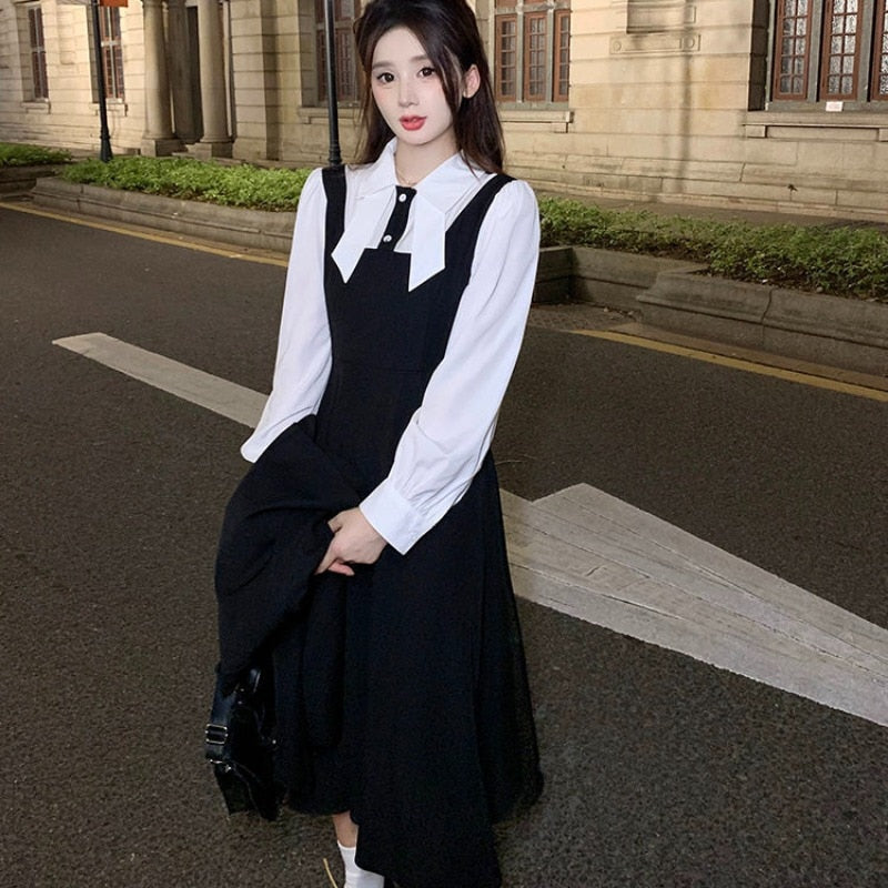 Poshoot Autumn Outfits     Preppy Style Black Midi Dress Women Korean Fashion Academic  Uniform Patchwork Long Sleeve Tunic Dresses Sweet Vestidos