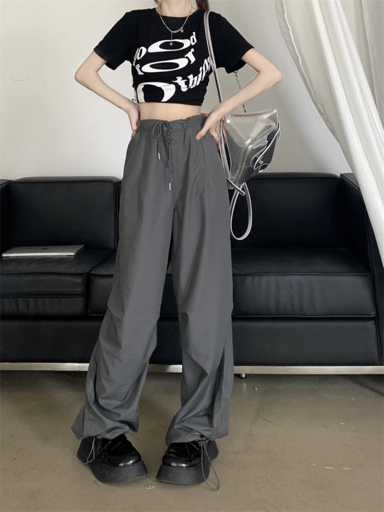 Poshoot  Autumn Outfits   Y2k Aesthetic Beige Cargo Parachute Pants Women Korean Style Oversize Baggy Trousers Hippie Harajuku Wide Leg Pantalons