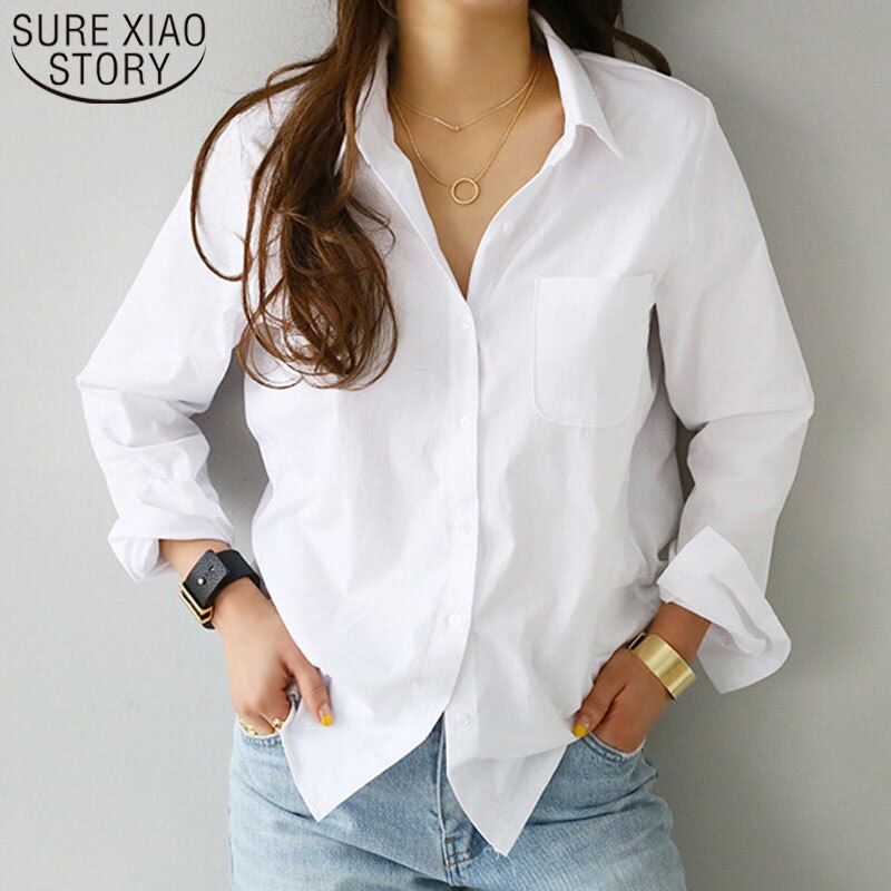 Poshoot Women Shirts And Blouses 2022 Feminine Blouse Top Long Sleeve Casual White Turn-Down Collar OL Style Women Loose Blouses 3496 50