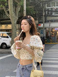 POSHOOT Spring Summer Korean Vintage Floral Printed Flare Sleeve Lacing Casual Shirt Women Square Collar Sweet Crop Top Elegant Blouse