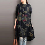 POSHOOT Literary National Style Dress Retro Printing Women's Cotton Pullover Round Neck Over The Knee A-Line Skirt Long Pullover