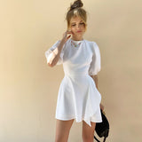 Poshoot 2022 French-Style Lantern Sleeve Cotton-Hemp Ruffled Dresses Lace Up Backless Design-Oriented Mini Dress