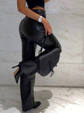 Poshoot  Faux Leather PU Folds High Waist Straight Pants Women Long Trousers Casual  2023 Female Fashion Pocket Button Pants