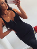 POSHOOT  Knee-Length Dress Knitted Elastic Sleeveless Bodycon Elegant Women 2023 Summer  V-Neck Button Party Slim Dresses